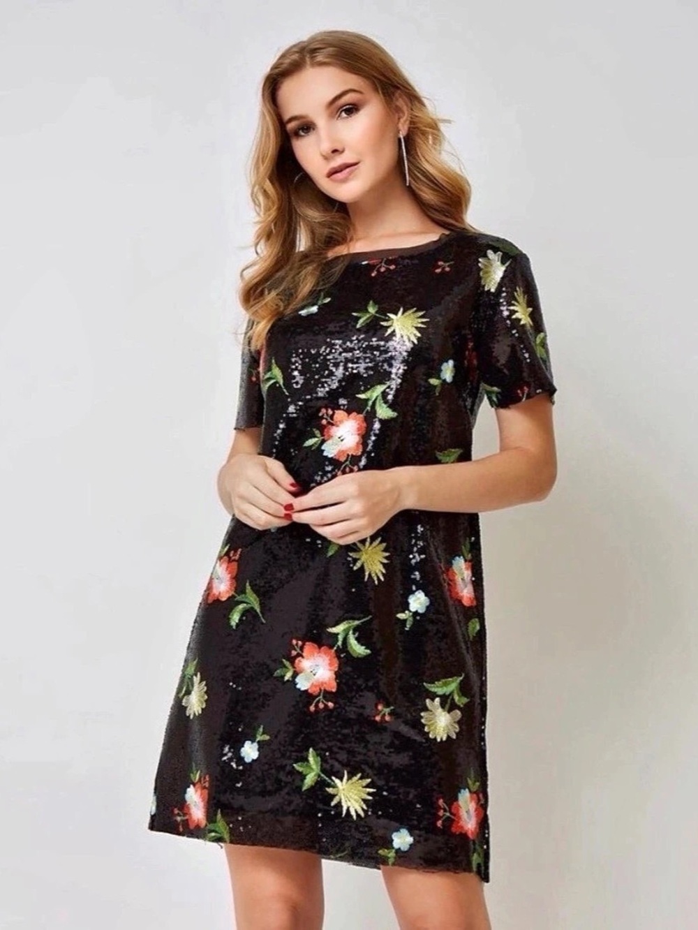 Zara Black Sequin Floral Mini Dress Medium